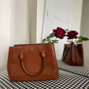 Lauren Ralph Lauren Leather Small Marcy Satchel – Tan Brown – Versatile & Chic
